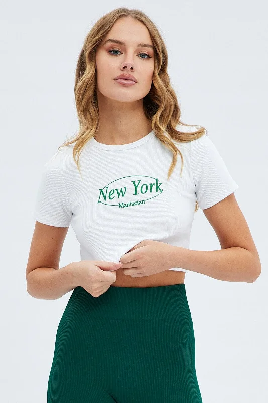 White Tee Crop Short Sleeve New York Embroidery